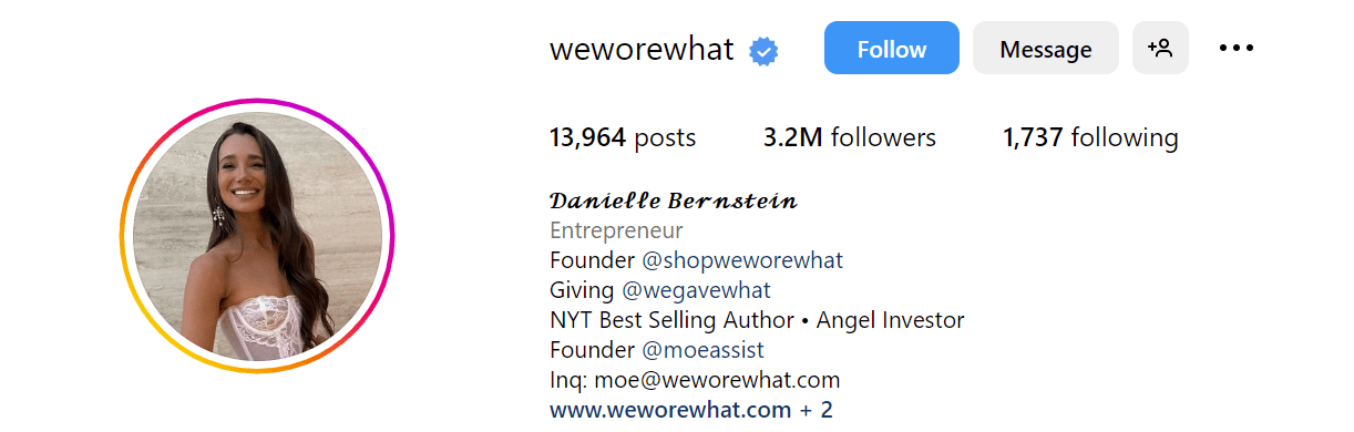 Instagram bio of Daniella Bernstein, the founder of fashion brand We Wore What
