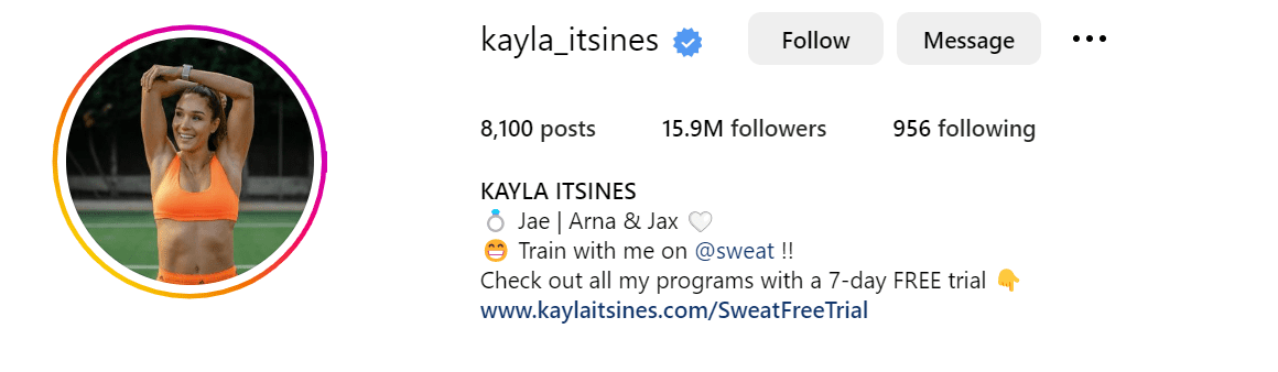 Instagram bio of Kayla Itsines, a fitness influencer