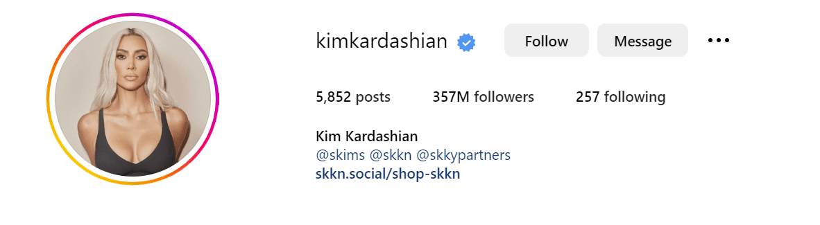 Kim Kardashian Instagram bio screenshot
