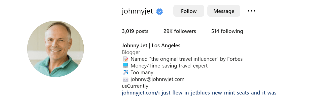 Screenshot of Johnny Jet Instagram bio