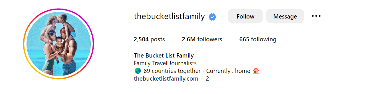 Screenshot of Instagram profile for the bucketlistfamily