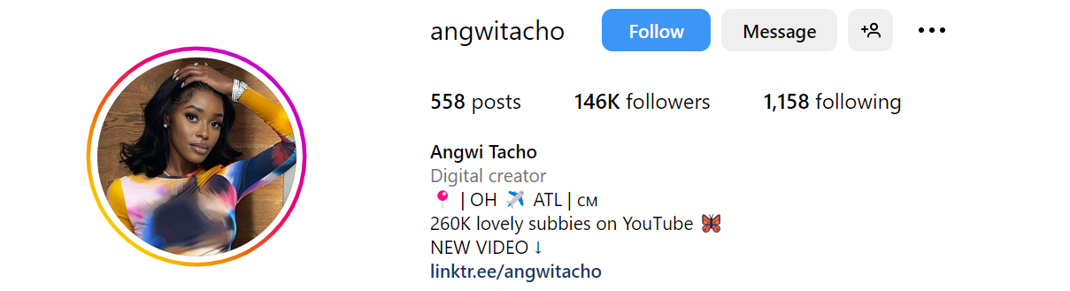Instagram bio of Angwi Tacho, a beauty and fashion influencer