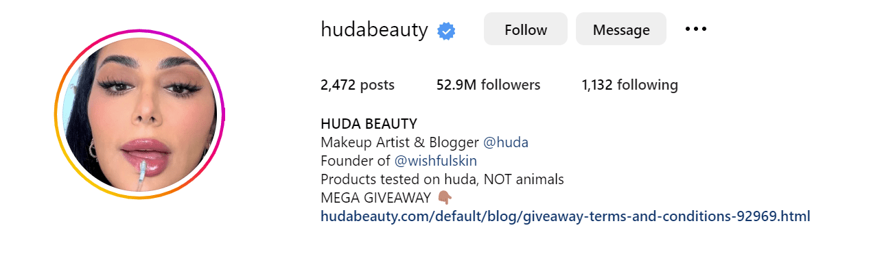 The makeup page of beauty influencer Huda Kattan