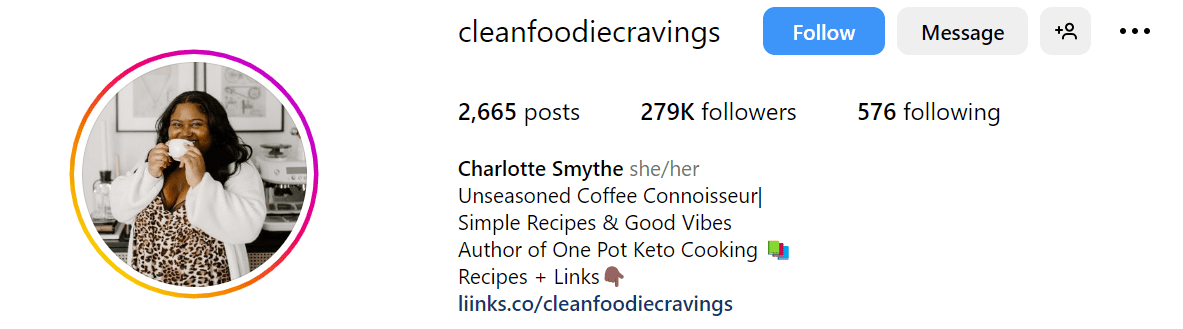 Instagram bio of Charlotte Smythe, a food influencer